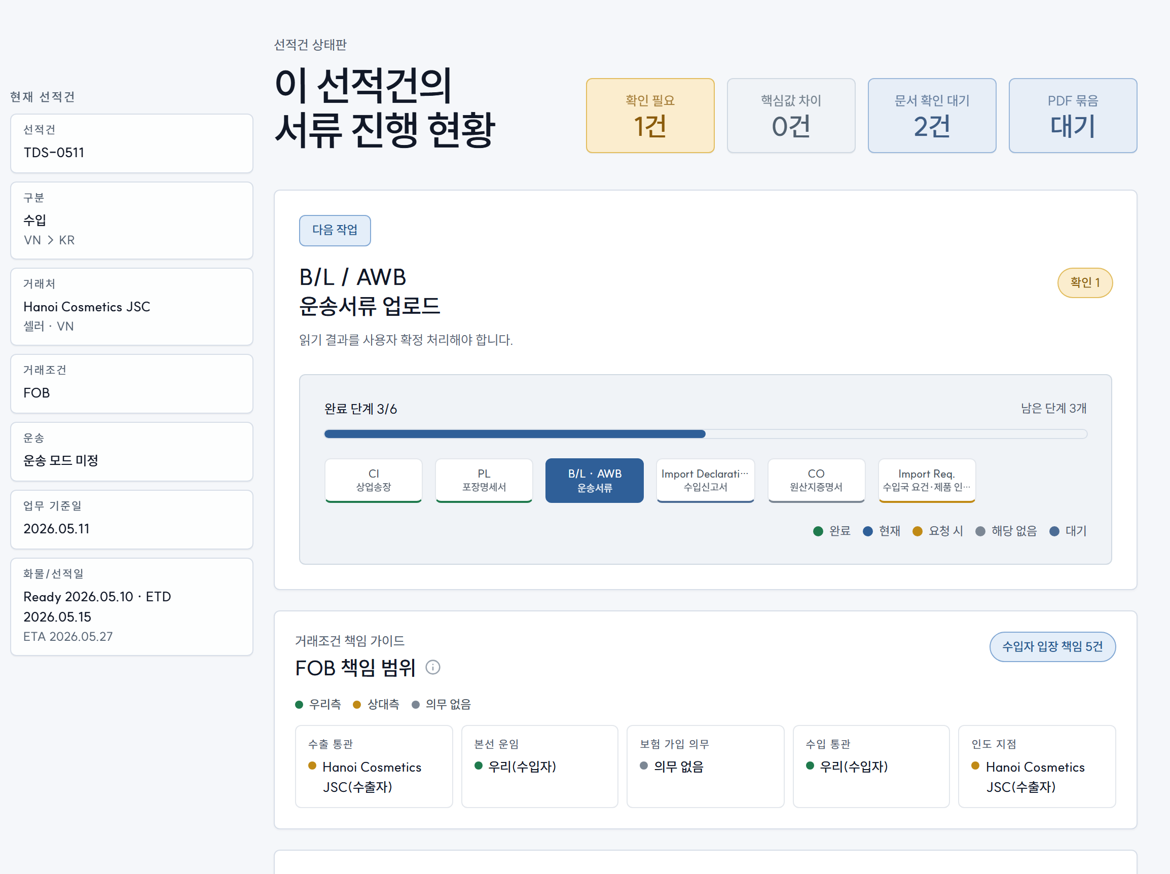 서류항 워크스페이스 — 수입 선적건의 서류 진행 현황.